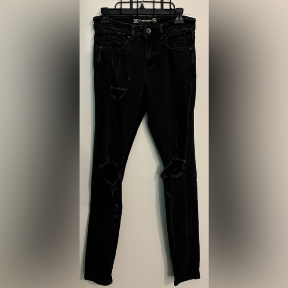 Crysp Denim Mens 30x31 Skinny  Very Distressed Black Denim Jeans Ankle‎ Zippers - Picture 1 of 10